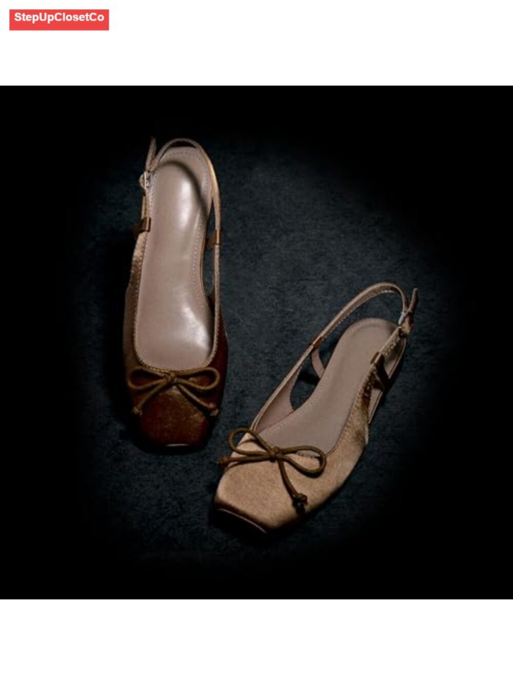 Square Toe Bow Knit Slingback Ballet Flats with Ankle Buckles Satin - Picture 5 of 6